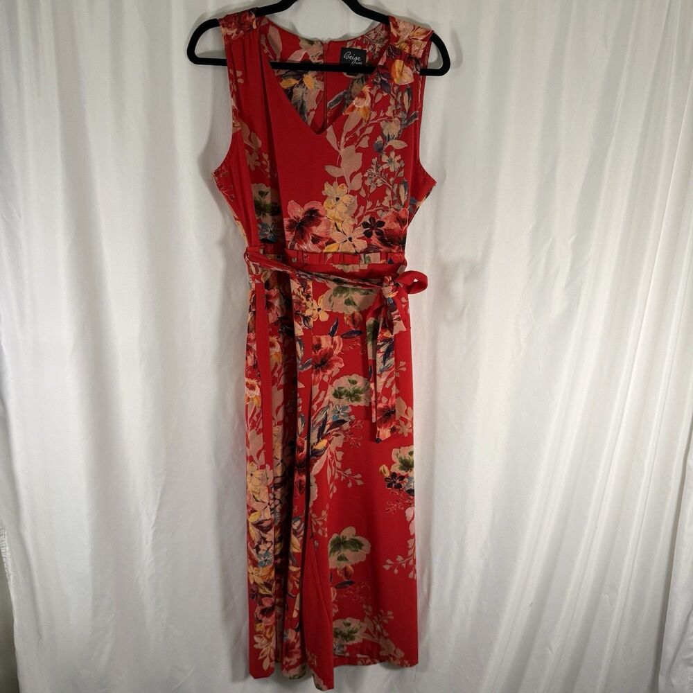 Beige by ECI Jumpsuit Women's Medium Red Floral V-Neck Belted Wide Leg - Picture 1 of 13